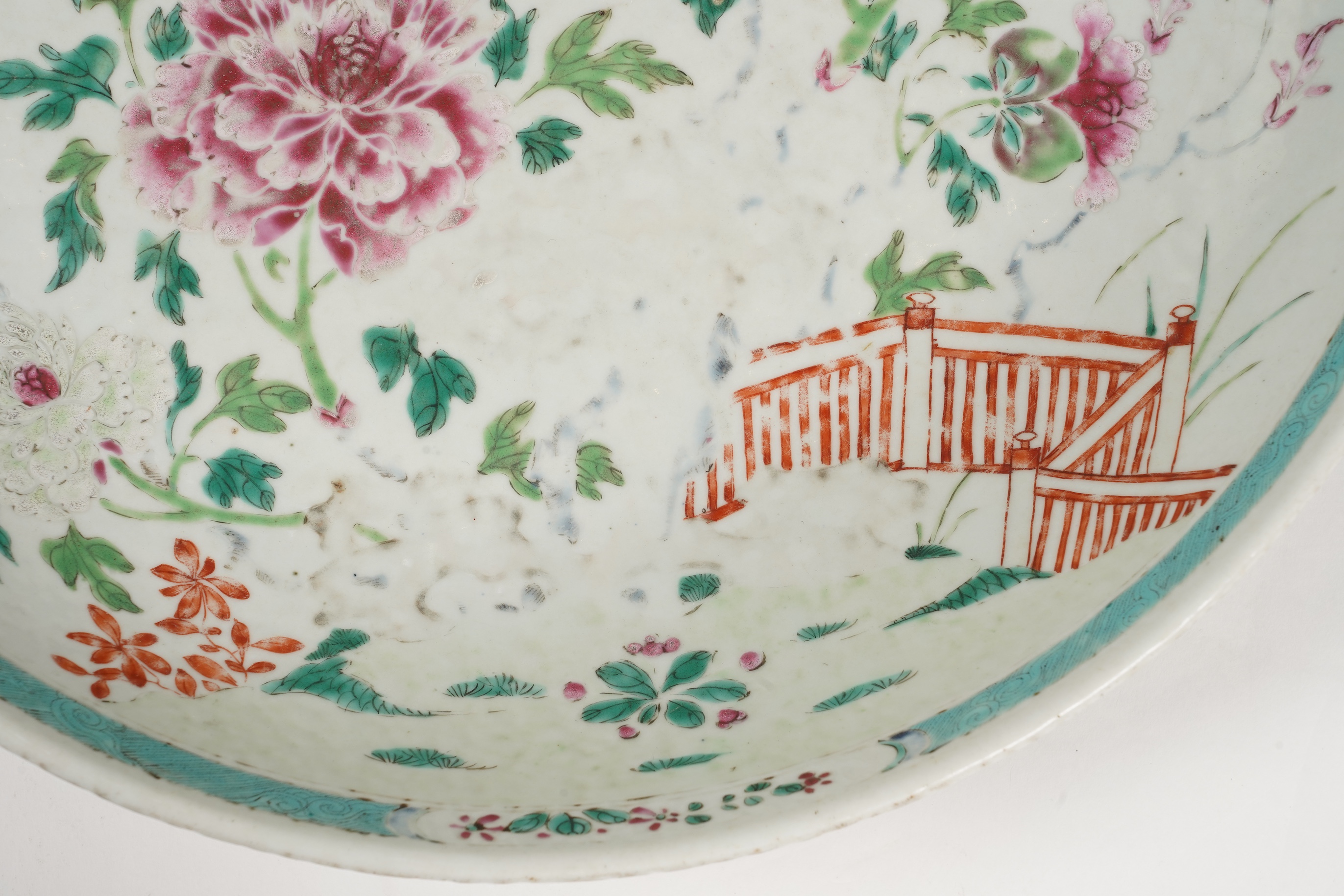 A Chinese export famille rose deep dish, underglaze blue Xuande mark but 18th century